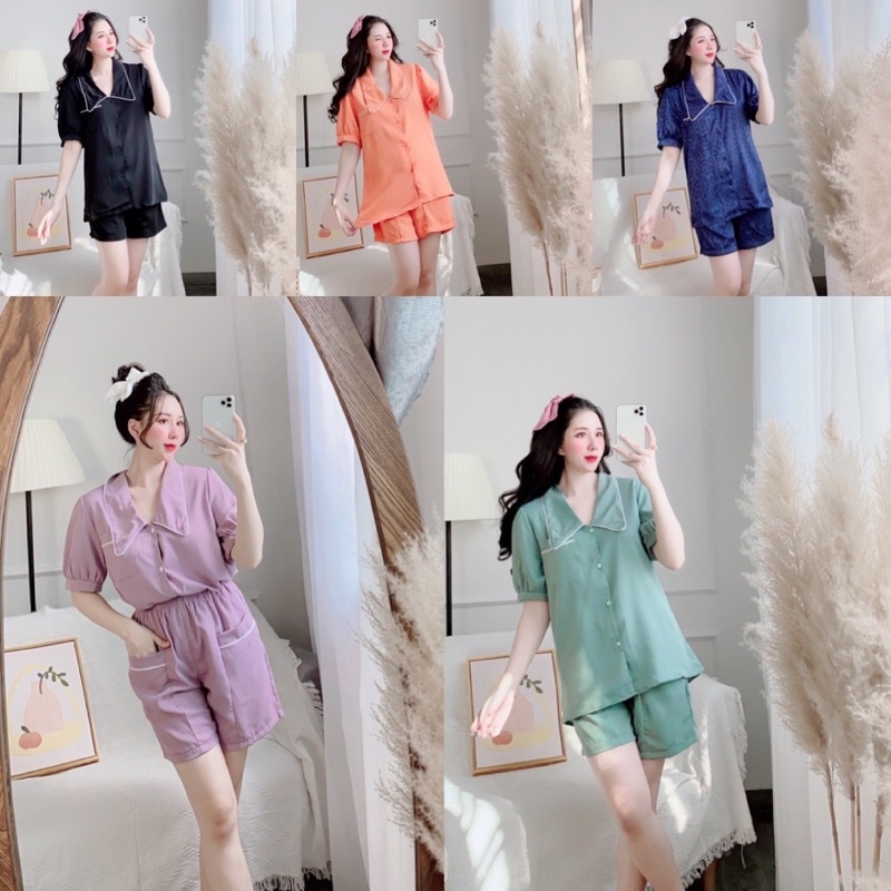 Bộ ngủ pizama chin's pịjama mặc nhà trơn nhiều màu xanh đen trắng hồng(Ảnh thật)