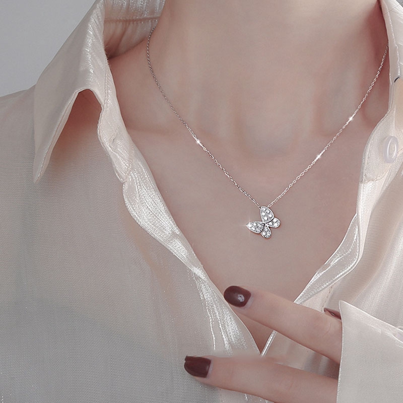 Vòng cổ choker ngắn bằng kim loại màu vàng/bạc phối mặt hình bướm đính zircon kiểu Hàn Quốc cho nữ