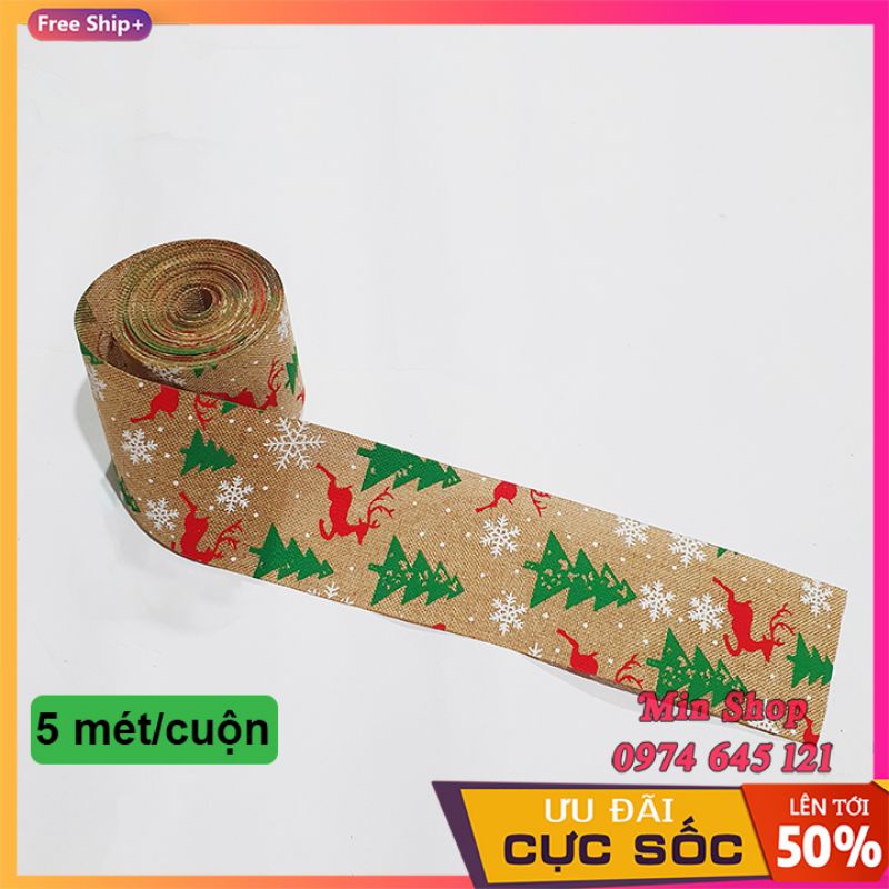 Cuộn 5 mét Ruy băng vải lanh họa tiết giáng sinh