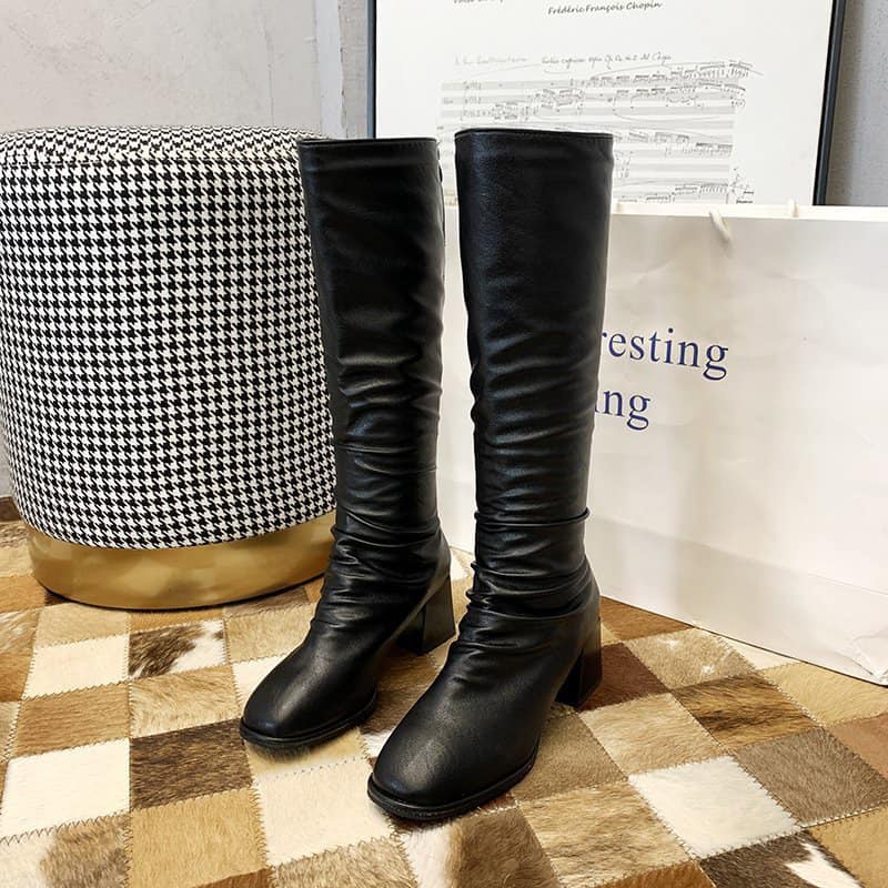 Giầy Bốt Nữ Boot Đùi/Ngắn Nhăn Da Lì Gót 7 Phân Khóa Sau Ôm Chân Chất Đẹp