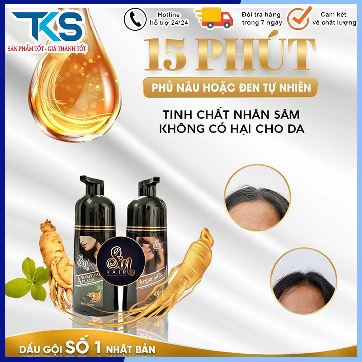 Dầu gội đầu thảo dược nhân sâm Sin Hair nhuộm tóc Đen/Nâu giúp phủ kín tóc bạc cho người già