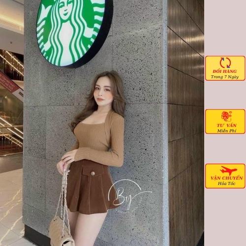 Áo len gân nữ dài tay cổ vuông ôm body mùa thu đông ulzzang Hàn Quốc công sở