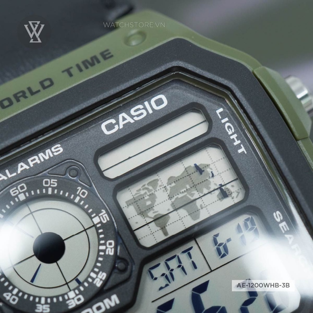 Đồng Hồ Điện Tử Nam Casio WATCHSTORE AE-1200WHB-3BVDF Thiết Kế Mặt Kính Vuông 42mm, Dây Đeo Và Vỏ Nhựa Bền Bỉ