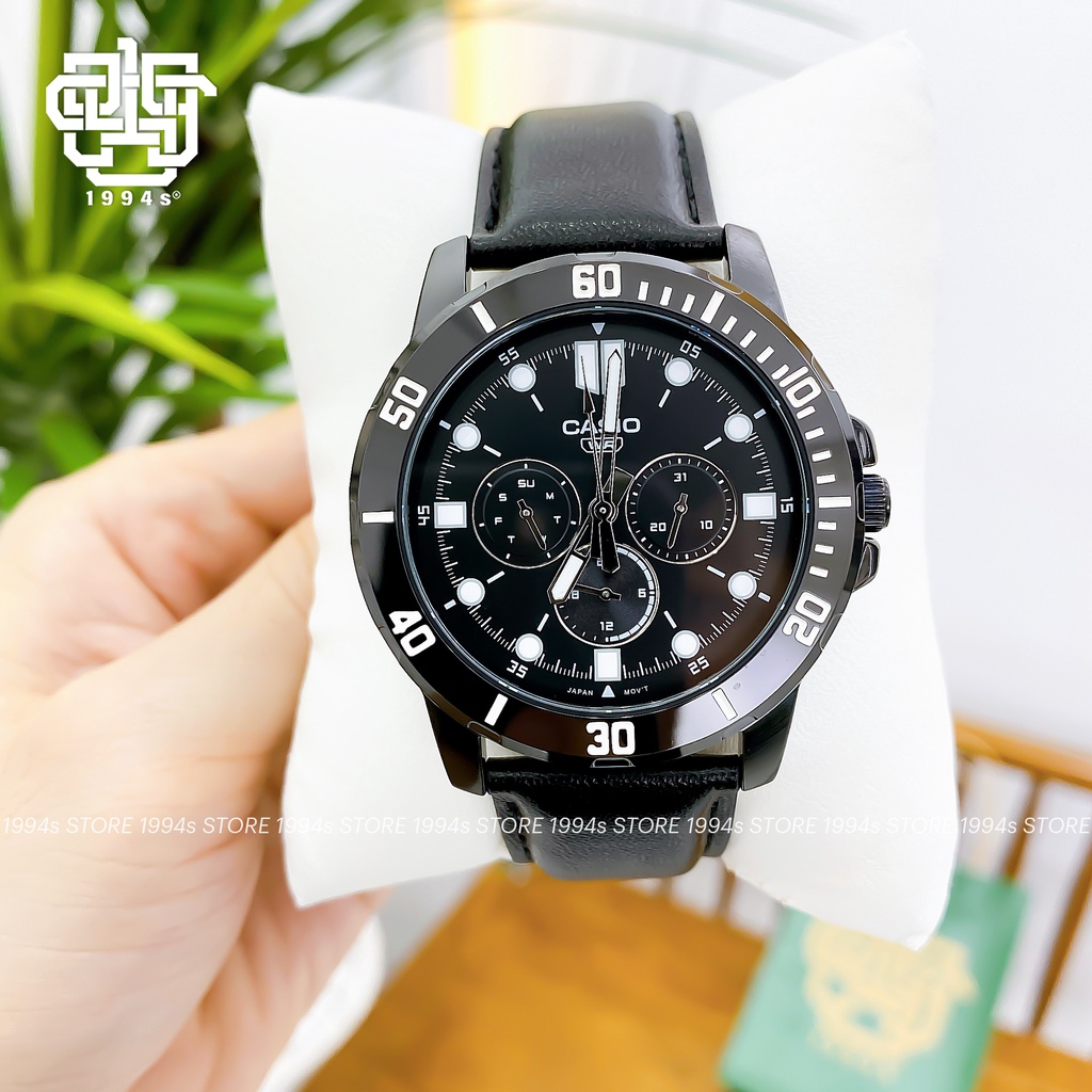 Đồng hồ nam Casio MTP-VD300BL-1E dây da thật, vỏ mạ ion màu đen, chống nước 50m, size 45mm, hàng chính hãng