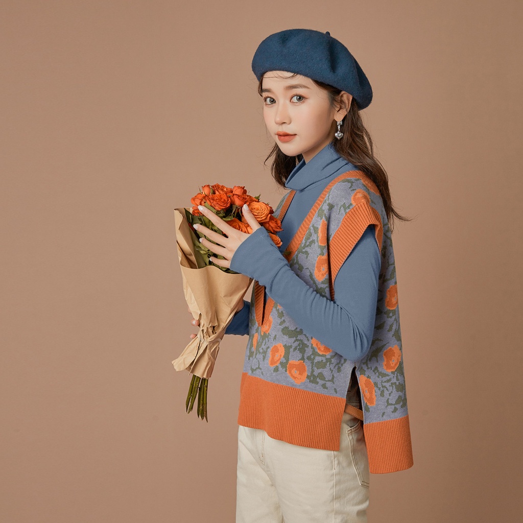Áo khoác dệt kim Pure Cube không tay màu sắc tương phản họa tiết hoa cúc nhỏ xinh thời trang cho nữ