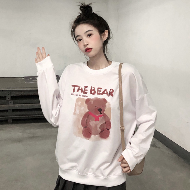 【ZHELIHANGFEI】Áo Thun Sweater Tay Dài Dáng Rộng In Hình Gấu Dễ Phối Đồ