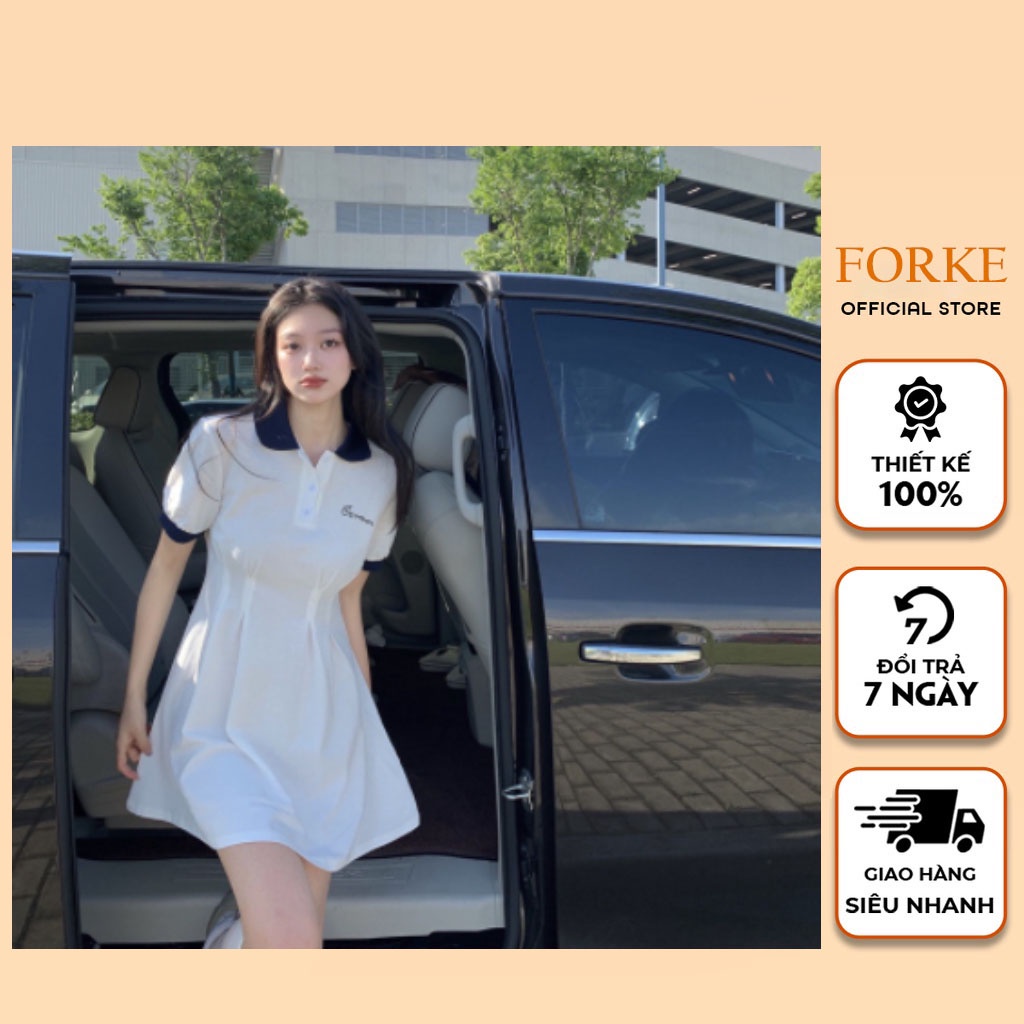 Đầm Polo Ôm Body Nữ Triết Eo Thêu Chữ, Váy Nữ Polo Dáng Xòe Cộc Tay Có Cổ Phối Ngắn