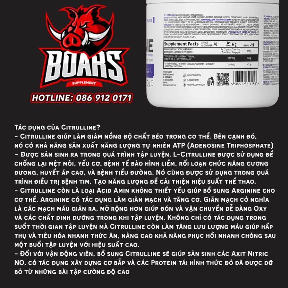 CITRULLINE BƠM MÁU, TĂNG SỨC MẠNH CƠ BẮP TRƯỚC KHI TẬP CỦA HÃNG OSTROVIT