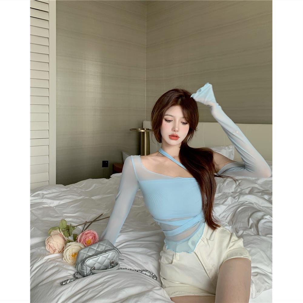 Áo Thun Mỏng Tay Dài Dáng Ôm Phối Ren Lưới Thời Trang Mùa Hè Hàng Mới Dành Cho Bạn Nữ