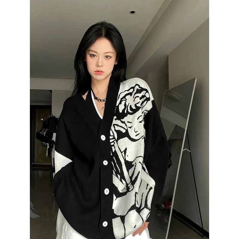 Honypove Áo Khoác Cardigan Màu Trắng Đen Phong Cách Retro Cho Nữ