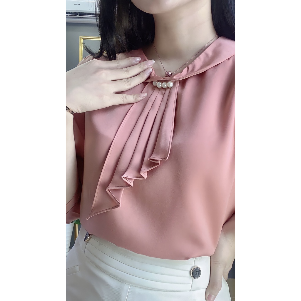 Áo công sở nữ ngắn tay dáng suông chất lụa vân ngọc trai cao cấp mềm mịn A6 Candy Fashion