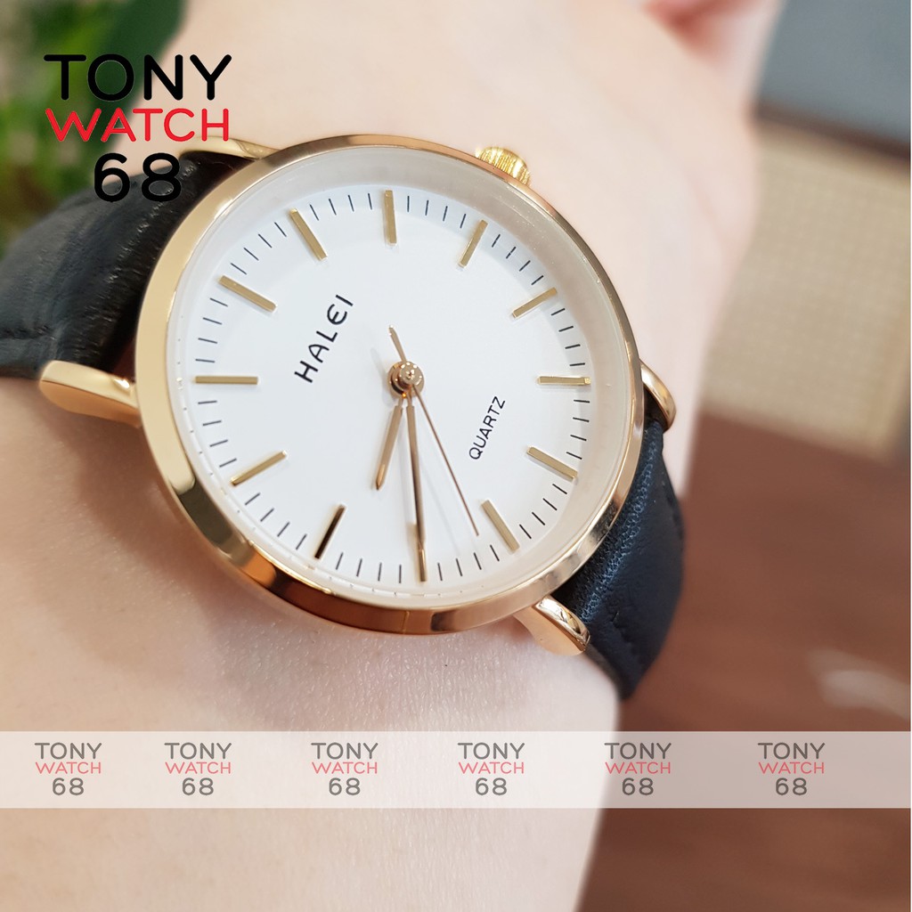 Đồng hồ nữ Halei dây da đen viền mạ vàng mặt vạch chống nước tuyệt đối chính hãng Tony Watch 68