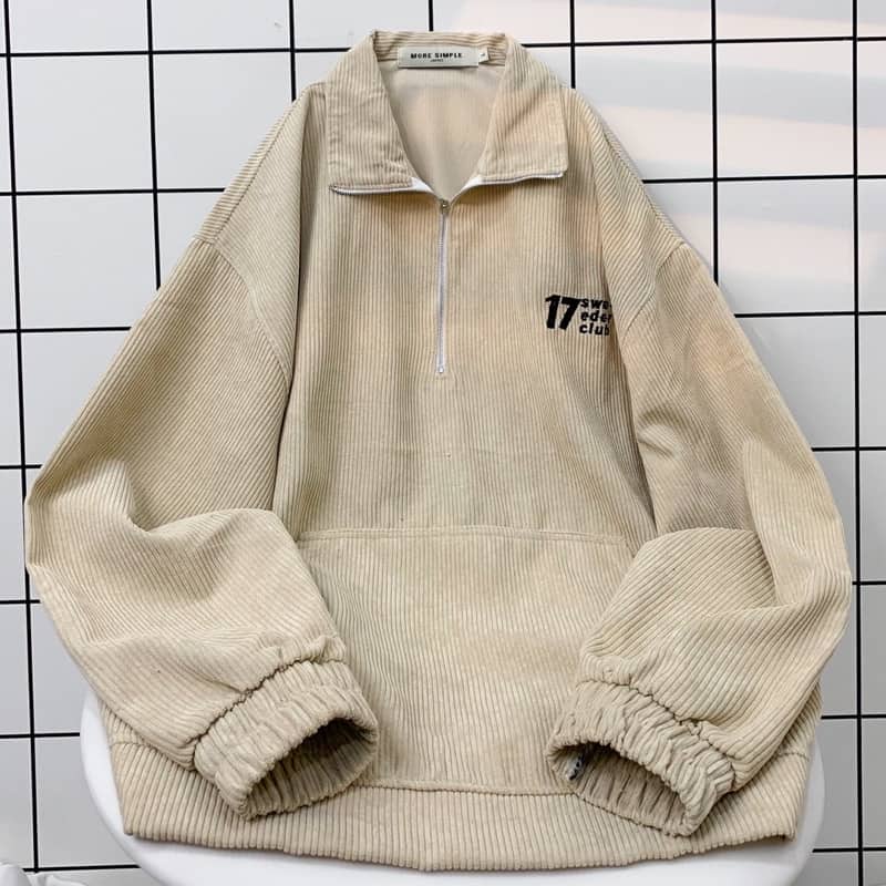 Sweater 17MM Phối Zip Vải Nhung Gân Form Rộng Ulzzang  Nam nữ unisex  Áo Sweater có cổ Jaystoree2