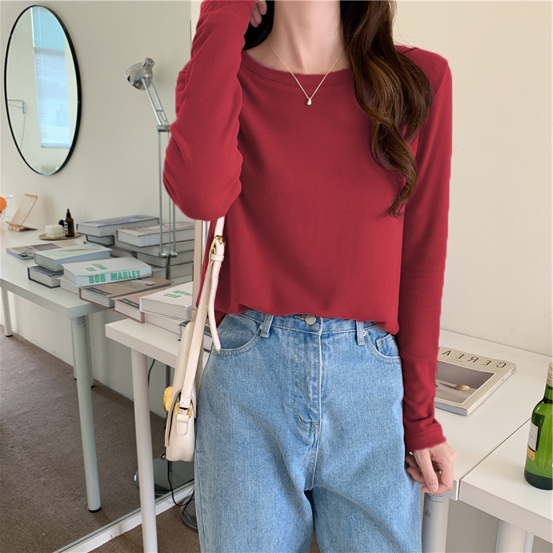 SUXI Áo thun dài tay cổ tròn thiết kế mới thời trang theo phong cách hàn quốc cho nữ