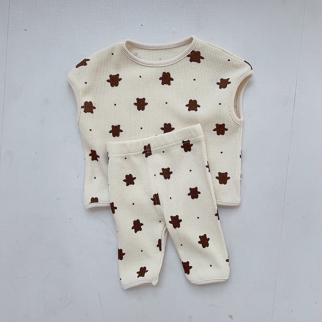 Set Áo Thun Ngắn Tay In Hình Gấu + Quần Short Thời Trang Cho Bé