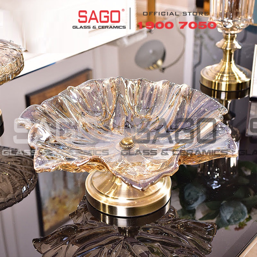 Đĩa Thủy Tinh Trái Cây Có Chân Mạ Đồng Họa Tiết Hoa Tulip Cao Cấp | Tùy Chọn Size