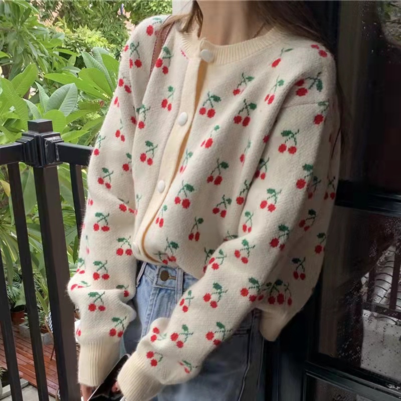Áo khoác cardigan dệt kim in hình quả cherry ngọt ngào thời trang mùa thu