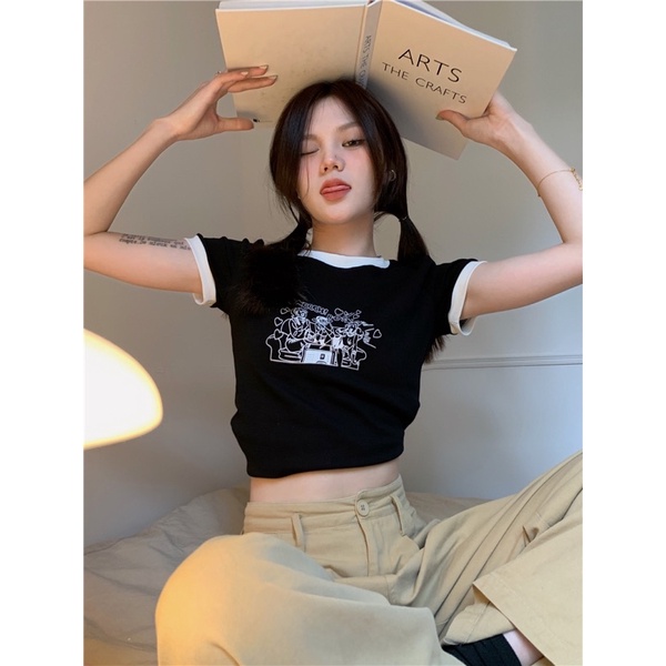 Áo Thun Croptop Tay Ngắn Cổ Tròn Ôm Body Viền Màu In Chữ Boinci Dễ Thương Thời Trang Cho Nữ Luviecloset