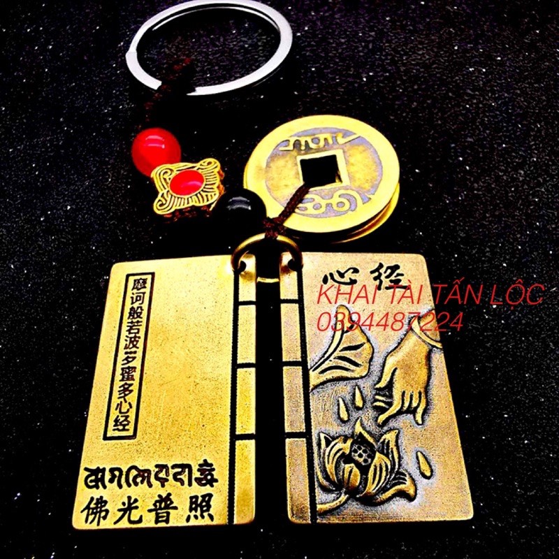 Móc khoá xu ngũ đế và thẻ khác Bát Nhã Tâm Kinh bằng đồng