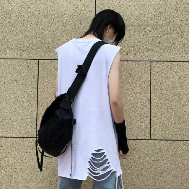 Áo tank top 95% cotton rách gấu tạo layer đen trắng - Áo ba lỗ bóng rổ unisex nam nữ