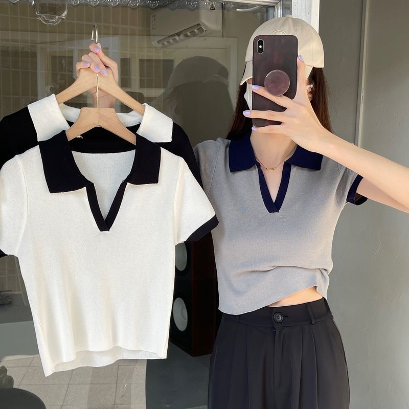 Áo polo Dệt Kim Tay Ngắn Hở Vai Thời Trang Mùa Hè 2022 Dành Cho Bạn Nữ