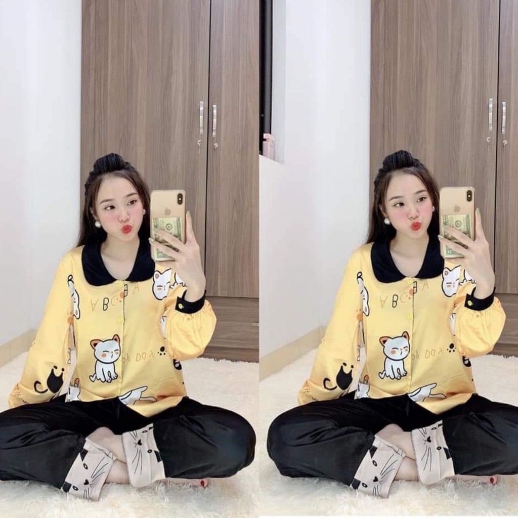 [HÀNG MỚI VỀ] BỘ PIJAMA LỤA SATIN DÀI TAY CỔ SEN HỌA TIẾT MÈO DỄ THƯƠNG