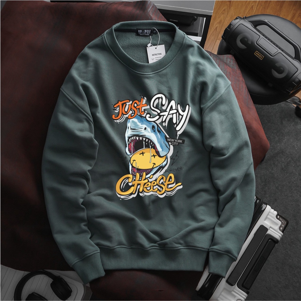 Áo sweater nam vải nỉ form bigsize 90kg - 120kg - xám rêu in chữ Just và hình gấu vàng