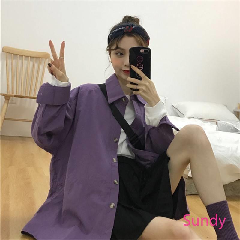 Áo khoác sơ mi tay dài dáng rộng phong cách vintage thời trang mùa thu cho nữ