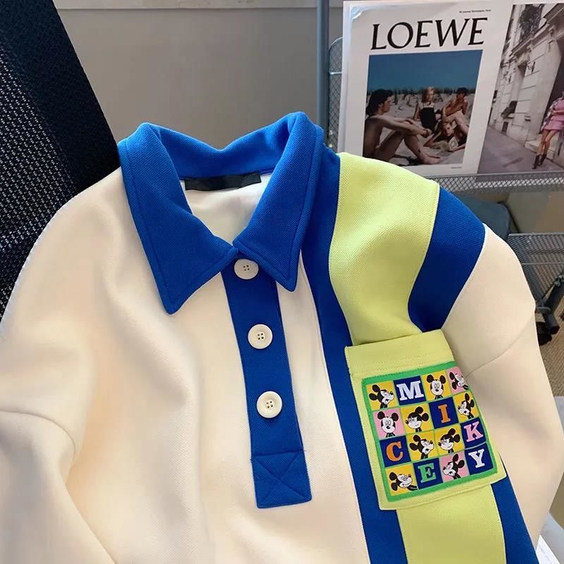 Áo Sweater Tay Dài Có Túi In Họa Tiết Hoạt Hình Màu Tương Phản Thời Trang Mùa Thu Cho Nữ