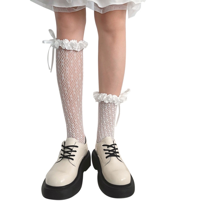 Vớ lưới ống cao vừa phối bèo thắt nơ ruy băng bằng vải satin phong cách Lolita Nhật Bản ngọt ngào cho nữ