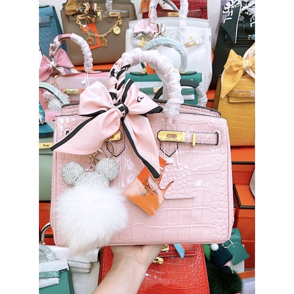 M3203 TÚI HM SIÊU ĐEP DA BÓNG MÀU HỒNG size 20 25 TẶNG kèm khăn quấn túi