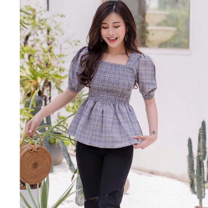 Áo kiểu tay phồng caro_ Áo peplum cao cấp ( kèm hình chụp cận vải )