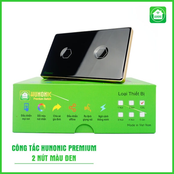Công tắc thông minh 2 Nút công suất 500W/ Kênh Hunonic Premium
