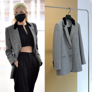 rose blackpink Set áo khoác tay dài cổ đứng phối quần dài ống rộng màu đen phong cách retro