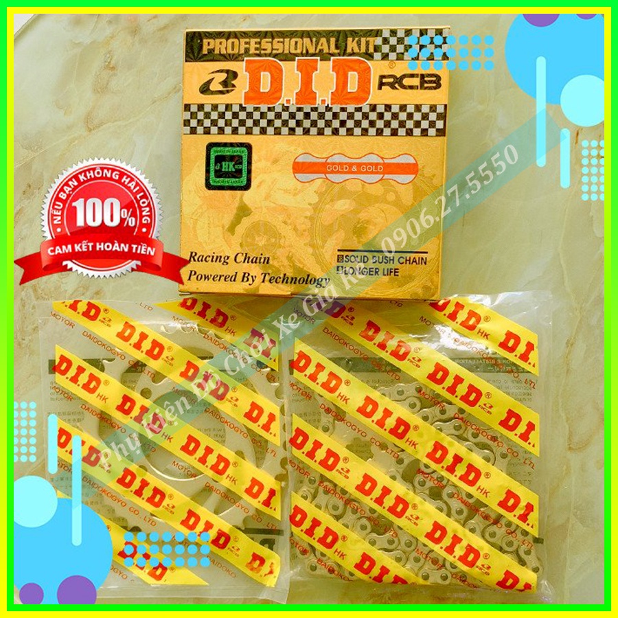 NSD RẺ BÈO Nhông sên dĩa DID loại hộp cao cấp, màu vàng không bay màu, cho xe Ex135 Sirius, Wave, Dream, Jupiter, Future