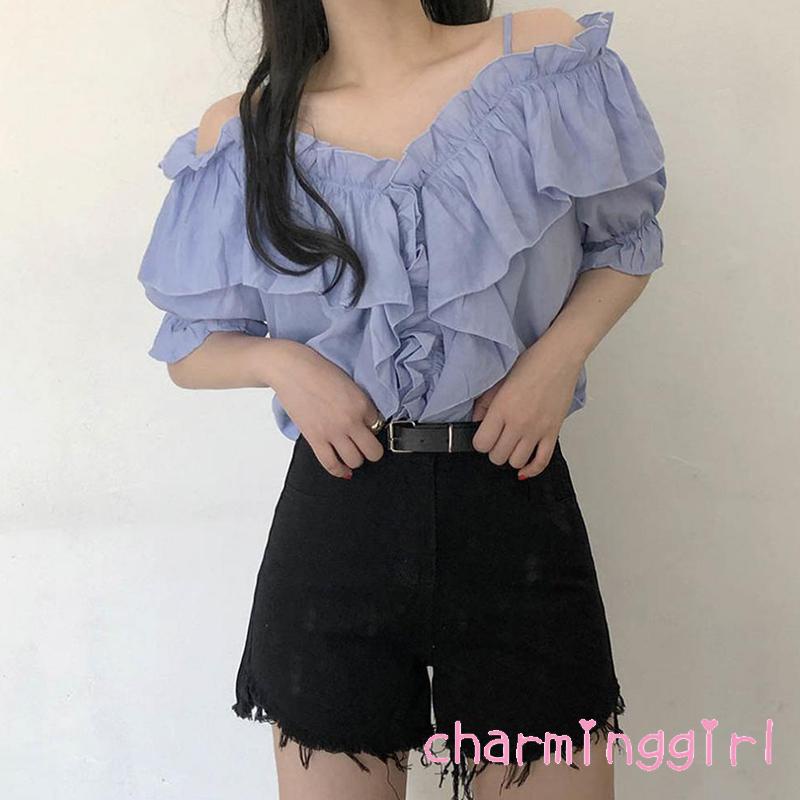 Áo Kiểu Trễ Vai Tay Ngắn Màu Trơn Thời Trang Mùa Hè Cho Nữ