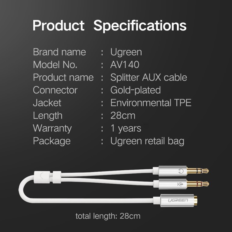 Ugreen Dây Cáp Tách Chữ Y Chuyển Đổi Cổng 3.5mm Sang 2 Đầu 3.5mm Cho Máy Tính