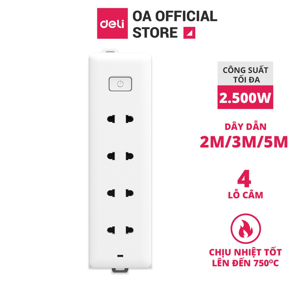 Ổ Điện Đa Năng Deli Tích Hợp 4 Lỗ Cắm Đầu Hai - Tiện Dụng, An Toàn - Dùng Trong Văn Phòng - Dây Dài 2m/3m/5m - E18340