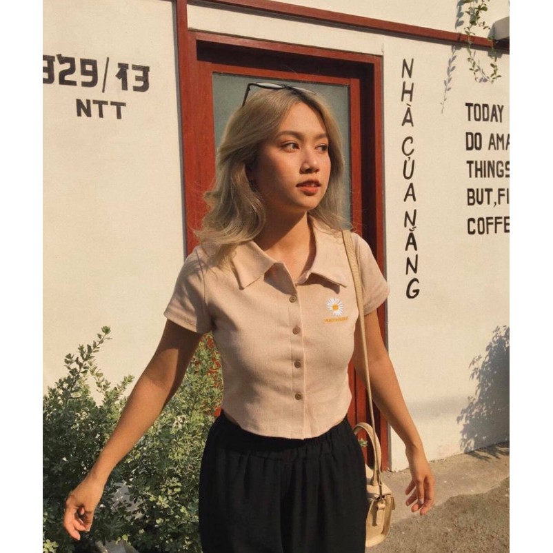 Áo Thun Croptop Hoa Cúc Cổ Bẻ Hot Trend | BigBuy360 - bigbuy360.vn
