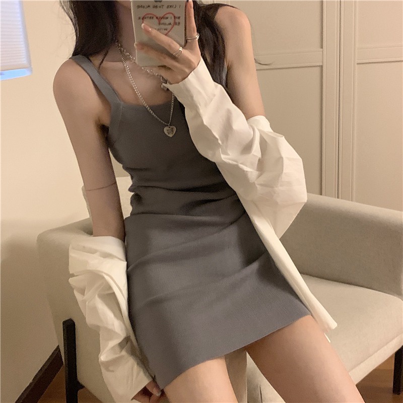 Hàng Có Sẵn! Đầm Dệt Kim Phối Dây Rút Gợi Cảm Thời Trang Mùa Hè Hàn Quốc Mới