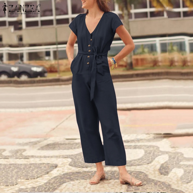 Zanzea Áo liền quần Ngắn Tay Cổ Chữ V Có Túi Phối Thắt Lưng Tháo Rời Được Phong Cách Châu Âu
