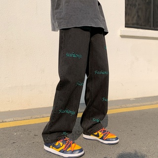 ✦ AFFLIGA ✦Quần Jeans Nam Màu Xanh Nhạt Thêu Chữ Phong Cách Hàn Quốc