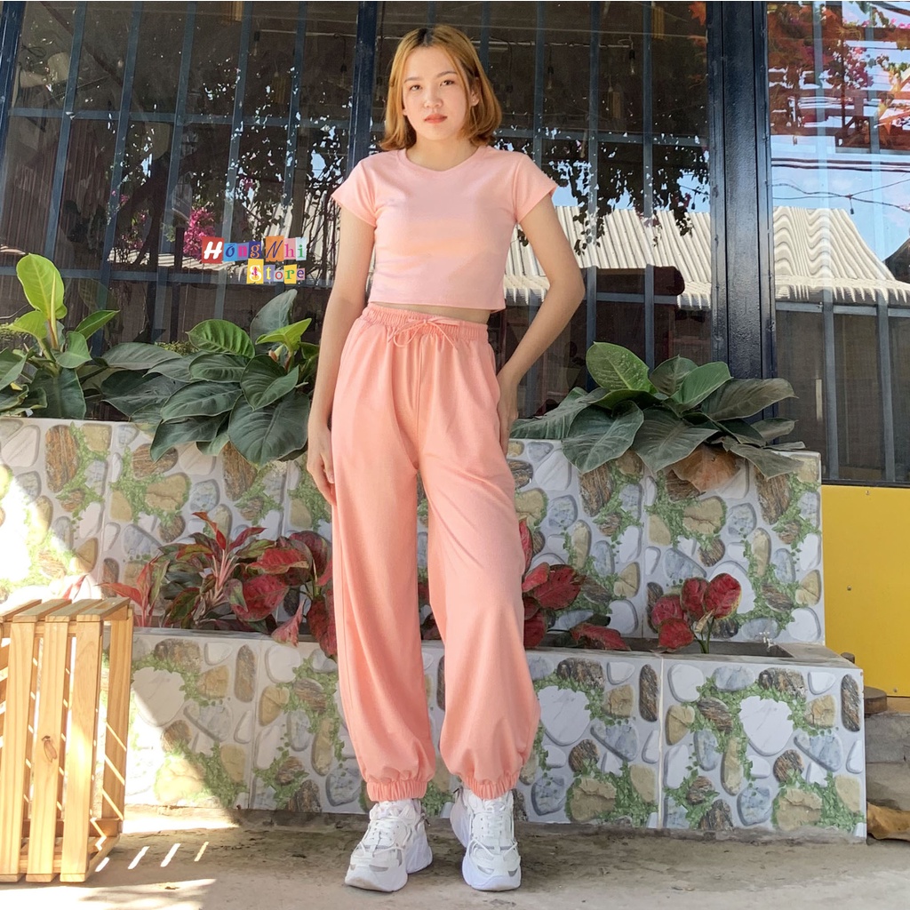 Set Bộ Áo Croptop Body Phối Quần Jogger Trơn Bo Lai Dáng Rộng Ulzzang - MM