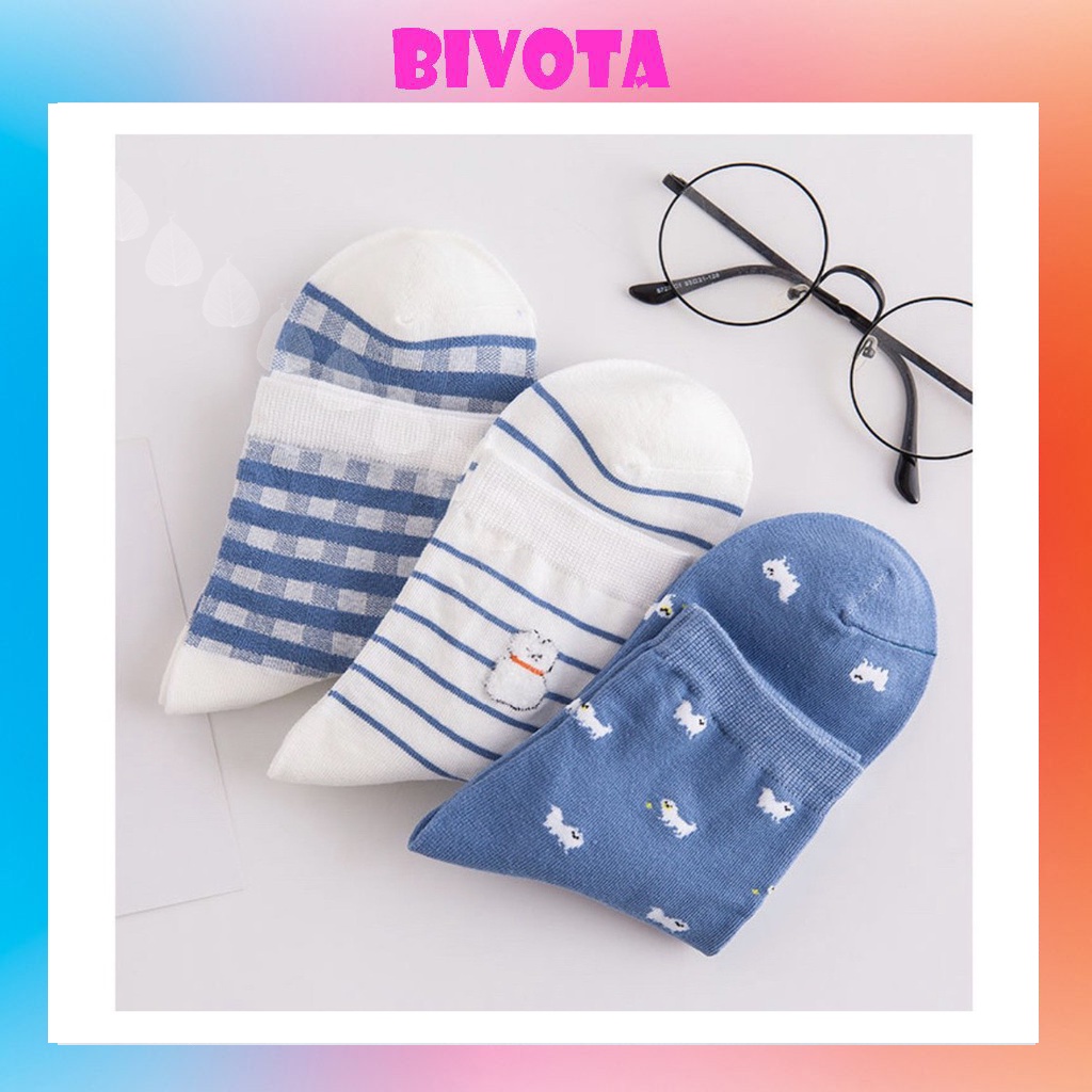 Set 3 đôi tất cổ cao Bivota vớ nữ hàn quốc xanh trẻ trung T91