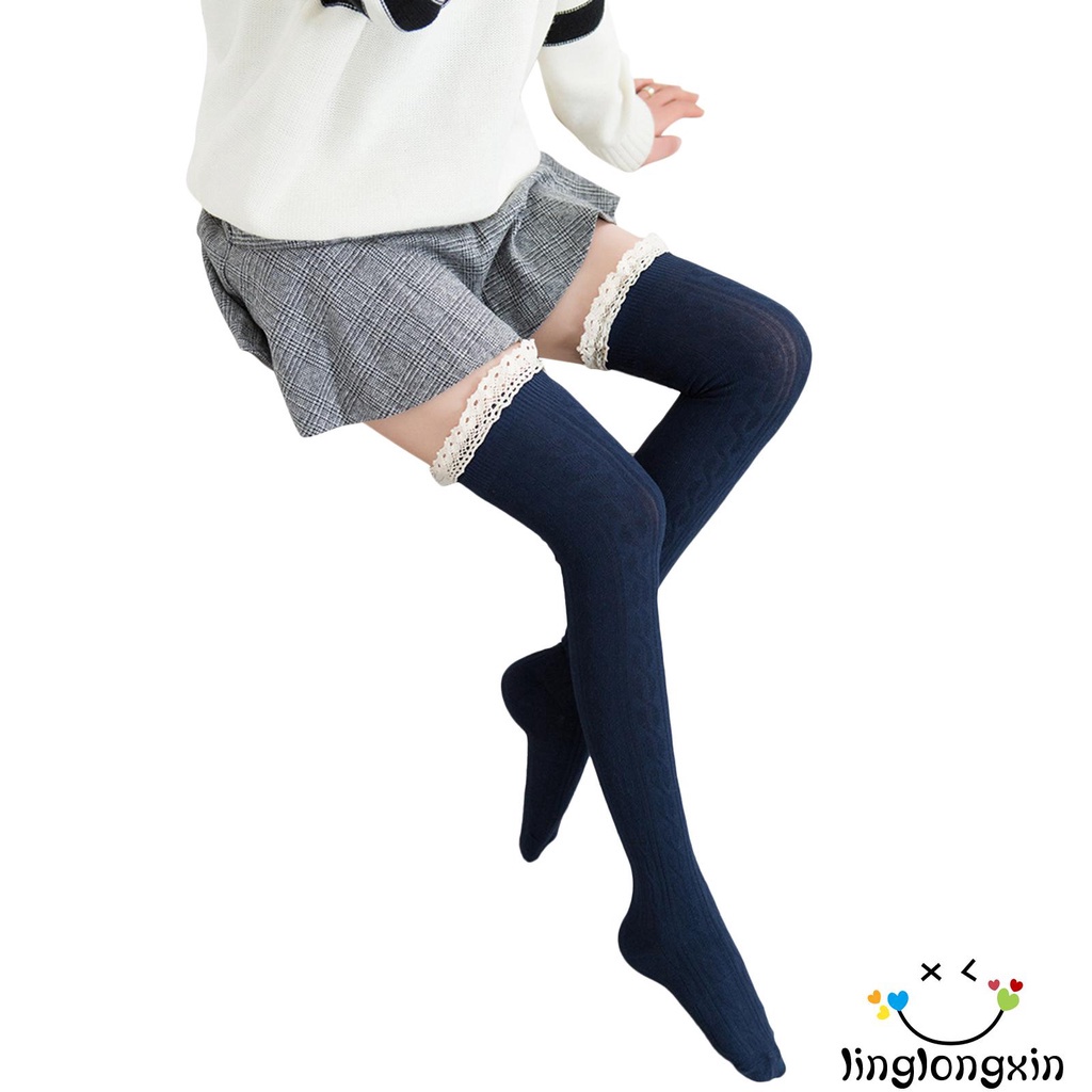 Vớ cotton dài phối ren ấm áp cho nữ