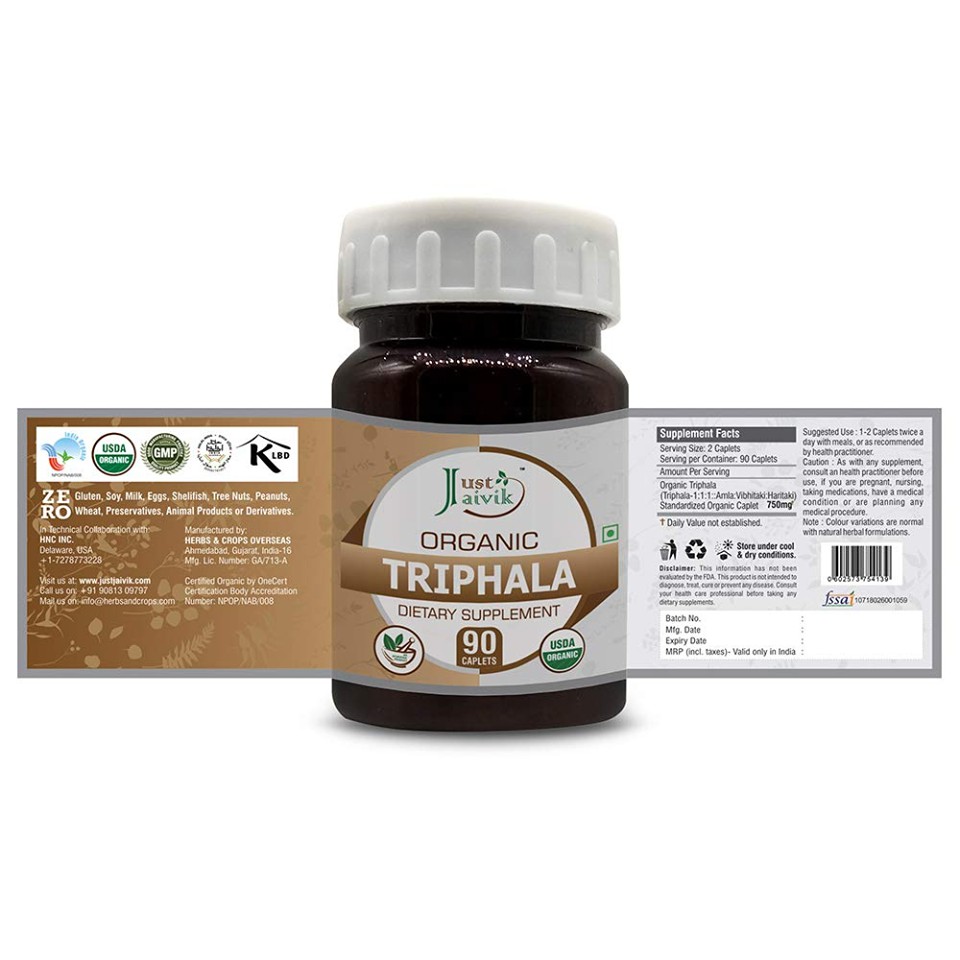 Viên uống hữu cơ thanh lọc, detox, thải độc hệ tiêu hóa - Just Jaivik Triphala 750mg