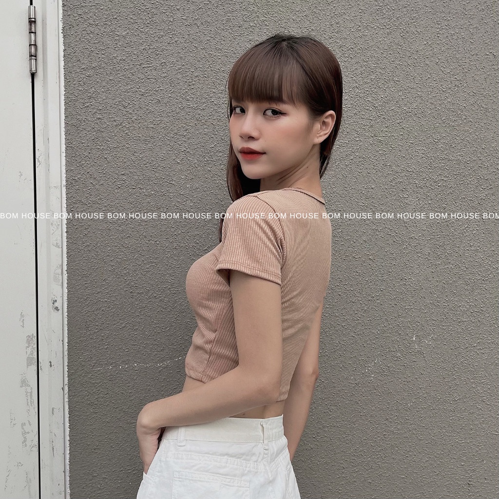Áo Croptop Nữ Trơn Basic Dây Chéo BOM HOUSE Chất Liệu Thun Gân