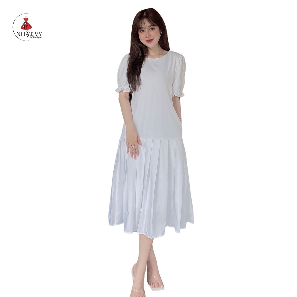 Đầm Đi Chơi NHẬT VY Tay Lỡ Cổ Tròn Dáng Suông Phối Xếp Ly Chất Lụa Màu Vàng, Trắng, Đen - D2124