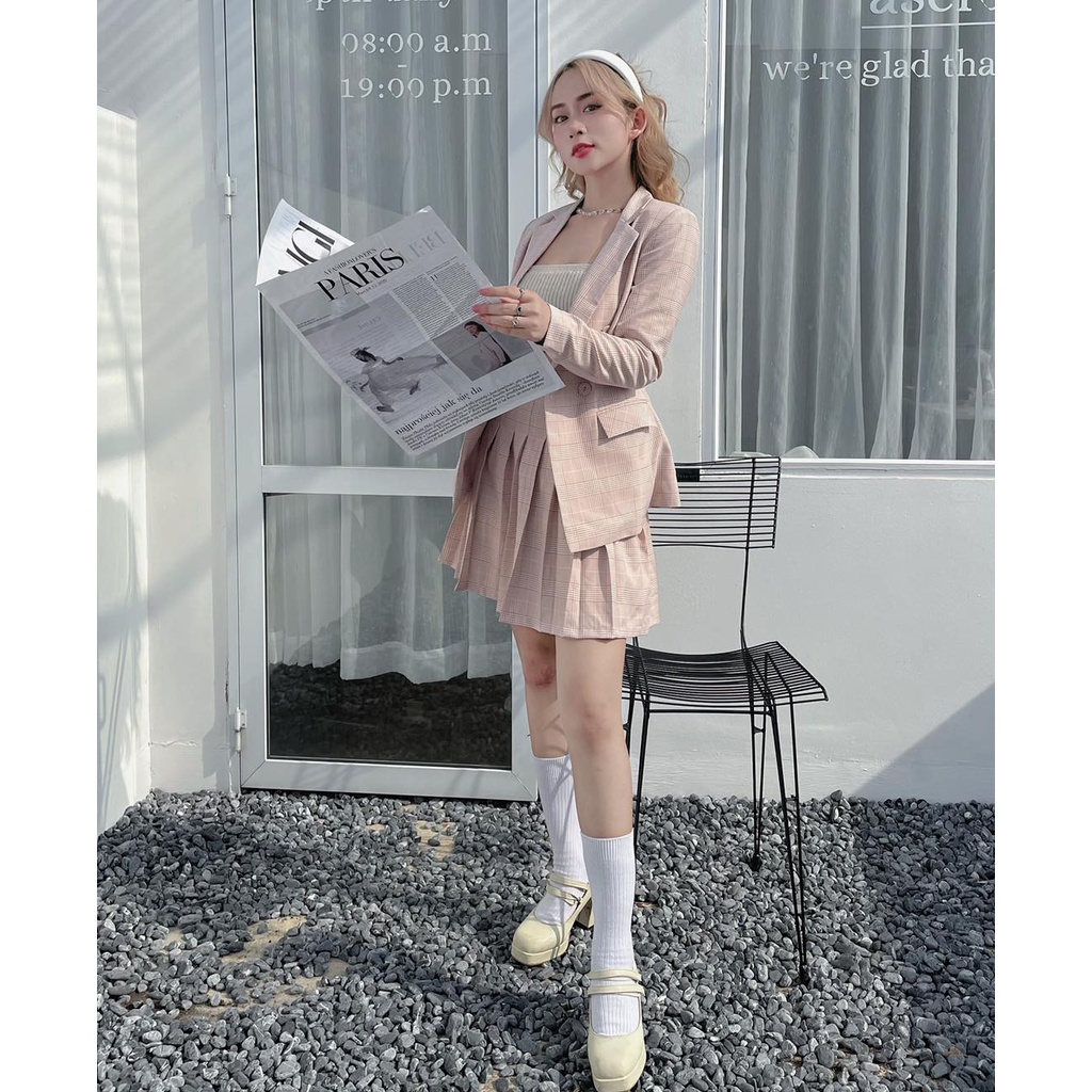 Set vest caro hồng style nữ sinh đáng yêu - Maya checked Blazer/ Skirt - Walenty