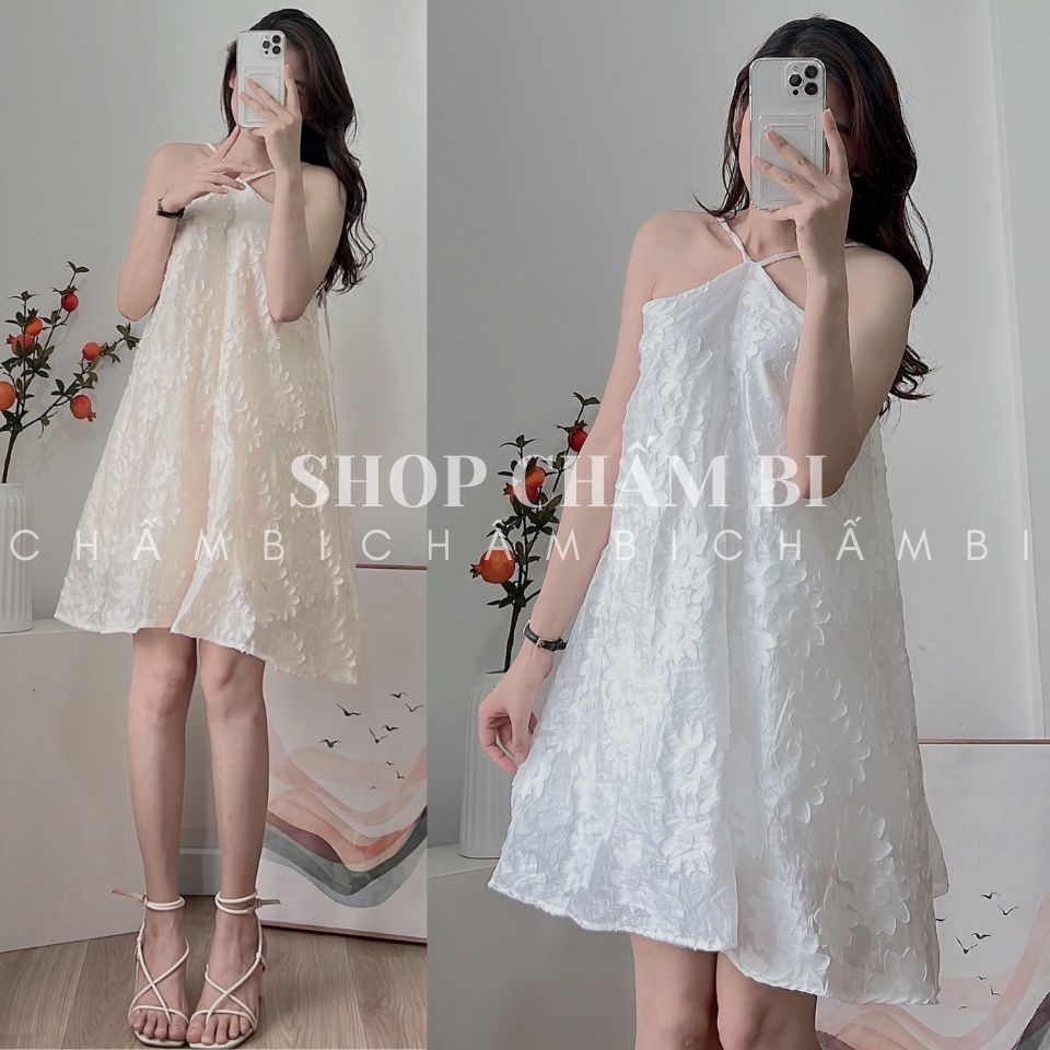 Váy cổ yếm nữ V.120, Váy tiểu thư cổ yếm 2 lớp buộc nơ ở lưng họa tiết hoa nổi 2 màu nữ tính - Chấm Bi Shop